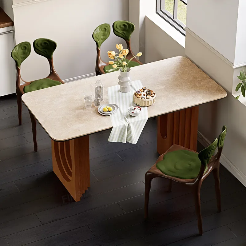 Retro Travertine Rock Slab Dining Table Oval Rectangular Medium Ancient Style Home Eating Table Dining Table and Chair