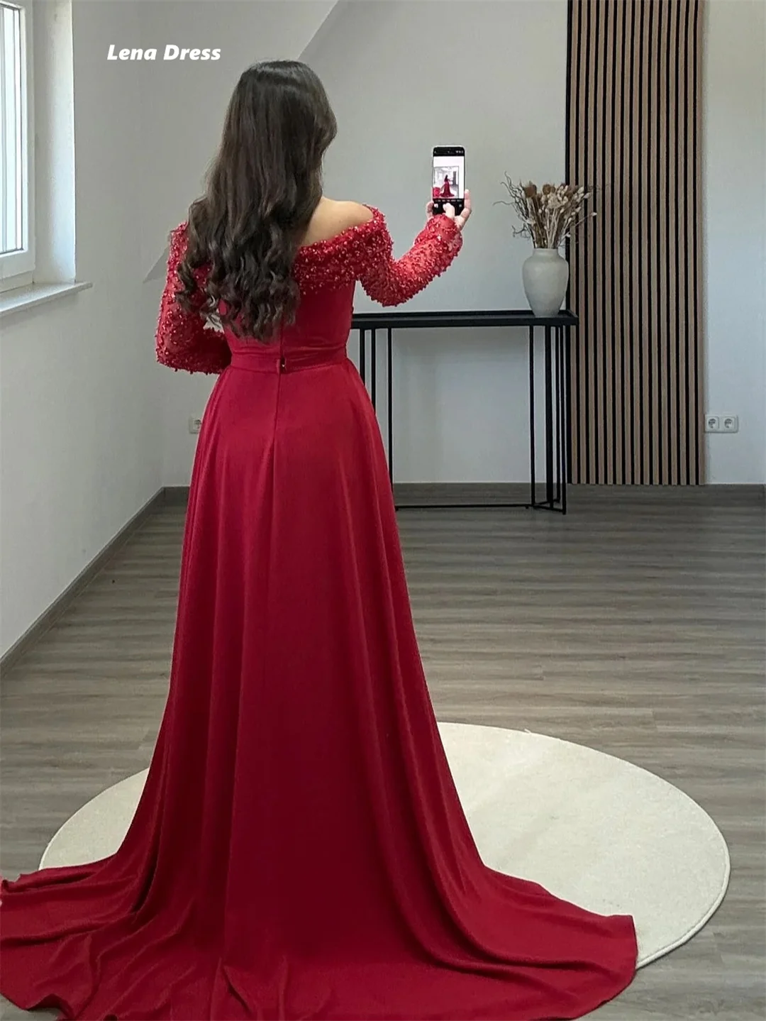 Lena Red Women's Prom Dress Luxury Women Evening Dress V-neck Customized Robe De Cocktail Femme Long Sleeved Tailor-made Dresses