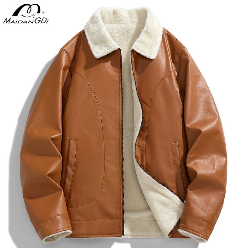 

MaiDangDi Solid Color Plush Lapel Men's Jacket Classic Retro Plus Size Men Jacket Men's Clothing with Warm Lining Autumn Winter