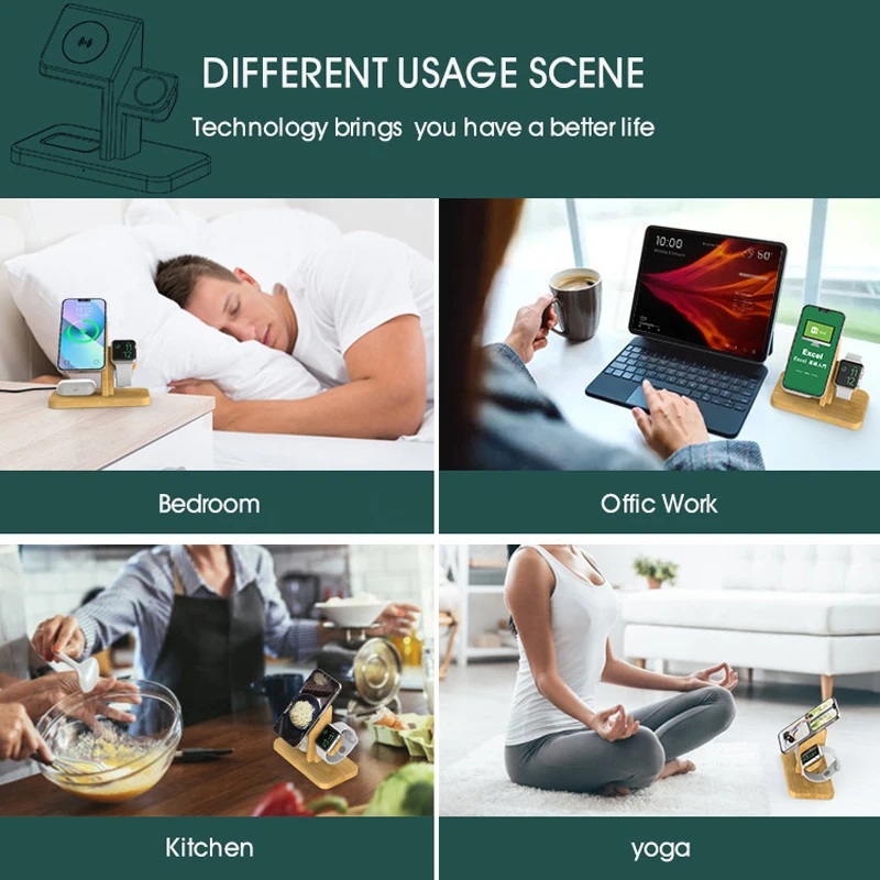 Bamboo 3 in 1  iPhone Wireless Charging Station 15W Charger Stand Dock for iPhone 14/13/12/11 iWatch se7/6/5/4 Airpods 4/3/2