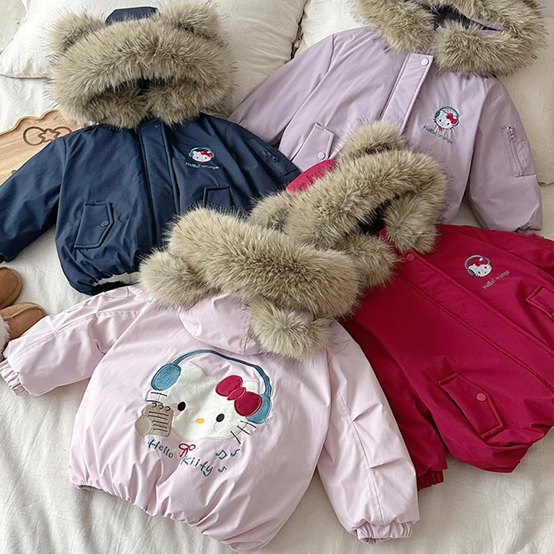 

Winter Girls Warm Hooded Cotton Jacket Korean HelloKitty Embroidered Velvet Overcoats Children's Thick Fur Collar Quilted Coats