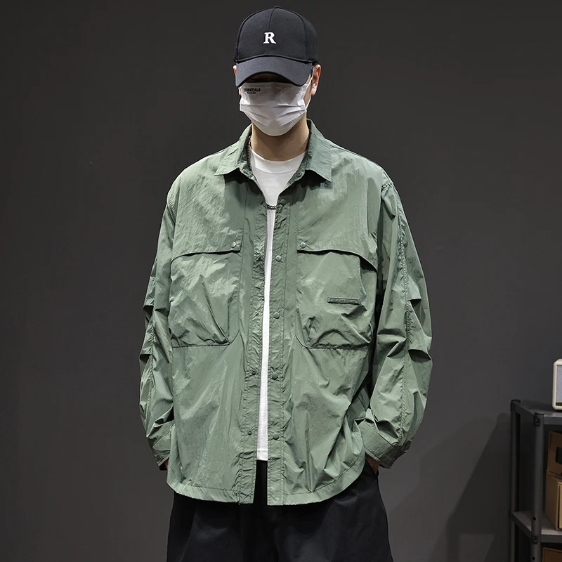 Outdoor Waterproof Sunscreen Quick Dry Cargo Shirts Men Fashion Loose Casual Long Sleeve Techwear Track Cargo Shirts Coat