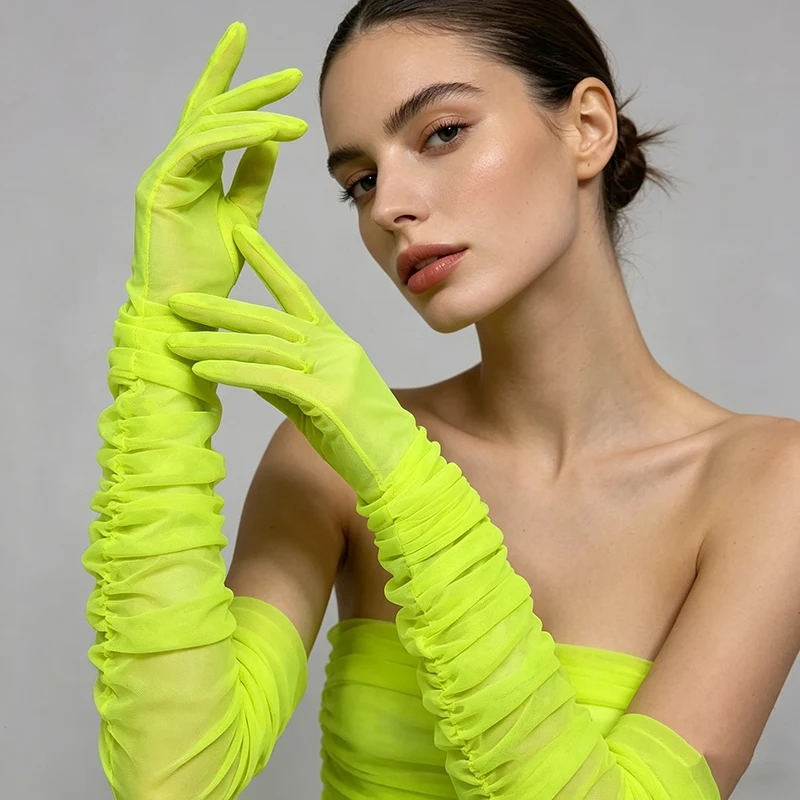 70cm Women Sexy Folds Mesh High Elasticity Extra Long Gloves Fashion Elegant Opera Thin Dress Accessories