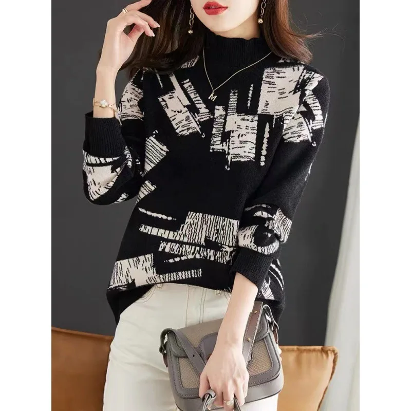 Autumn Winter Women's Pullover Round Neck Flocking GeometricScrew Thread Long Sleeve Sweater Knitted Casual Undershirt Tops