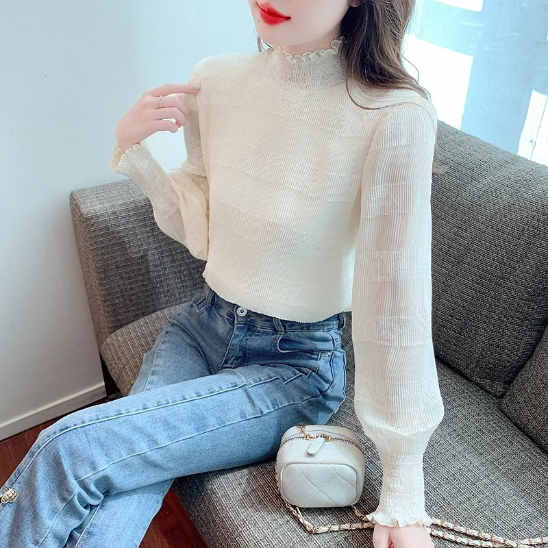 New Long Sleeve Ruffled Women Shirt Chiffon Adding Velvet Thickening Shirt Blouse Women Tops Shirts Blusas Para Mujer Blusa M593