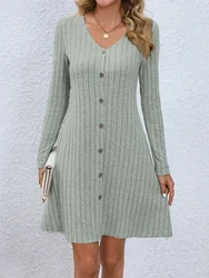 Spring Autumn Solid A-line Dress Trend V-neck  Button Dress Casual Comfortable Women's Robe