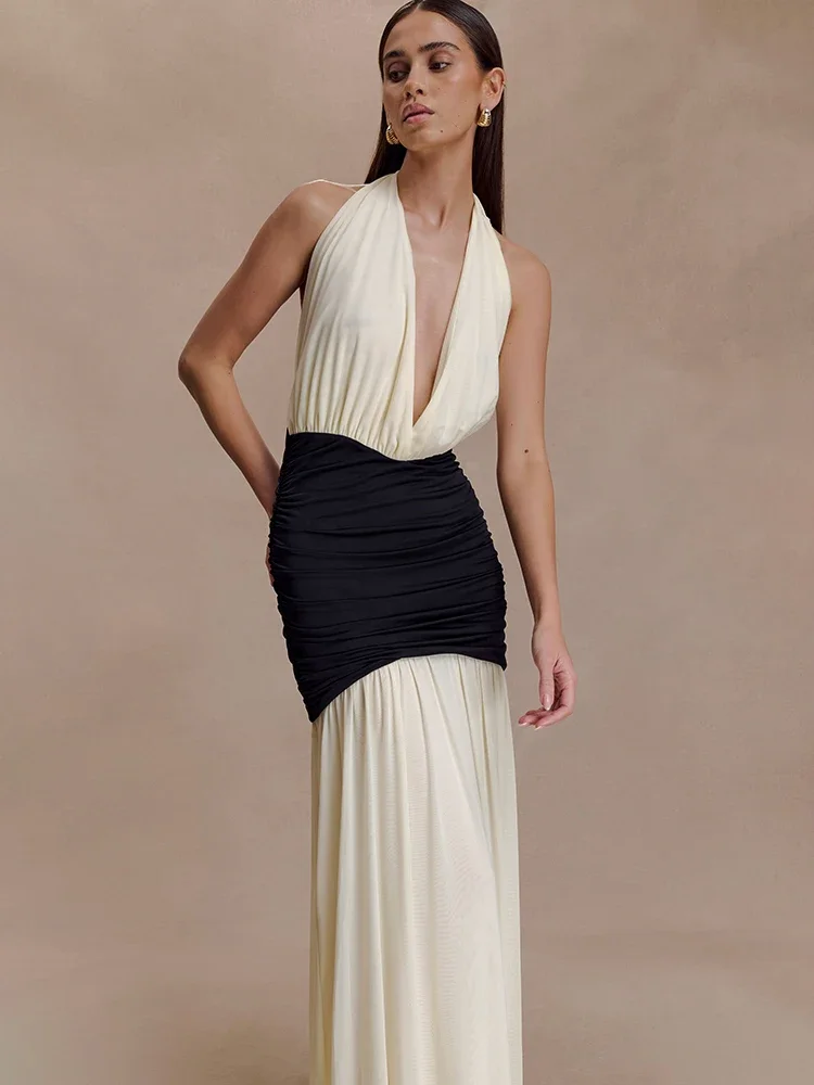 Chaxiaoa Patchwork Halter-Backless Sexy Maxi Kleid Frauen Kleid Elegante Tiefem V-ausschnitt Ärmellose Hohe Taille Bodycon Club Party Kleid