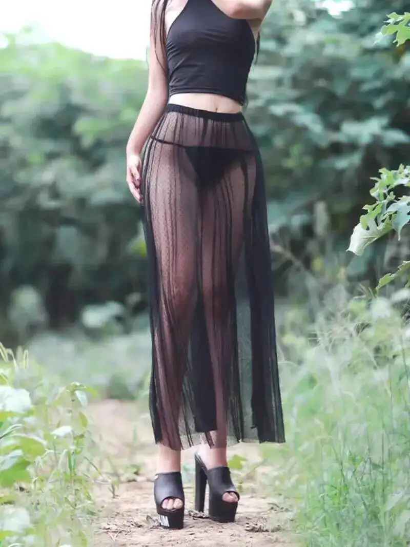 

2025 Summer New Vacation Fairy Lace Sexy Mesh Half Skirt Sheer Overskirt One Step Skirt Mesh Lace Sheer Hot Sexy Women 15ZN