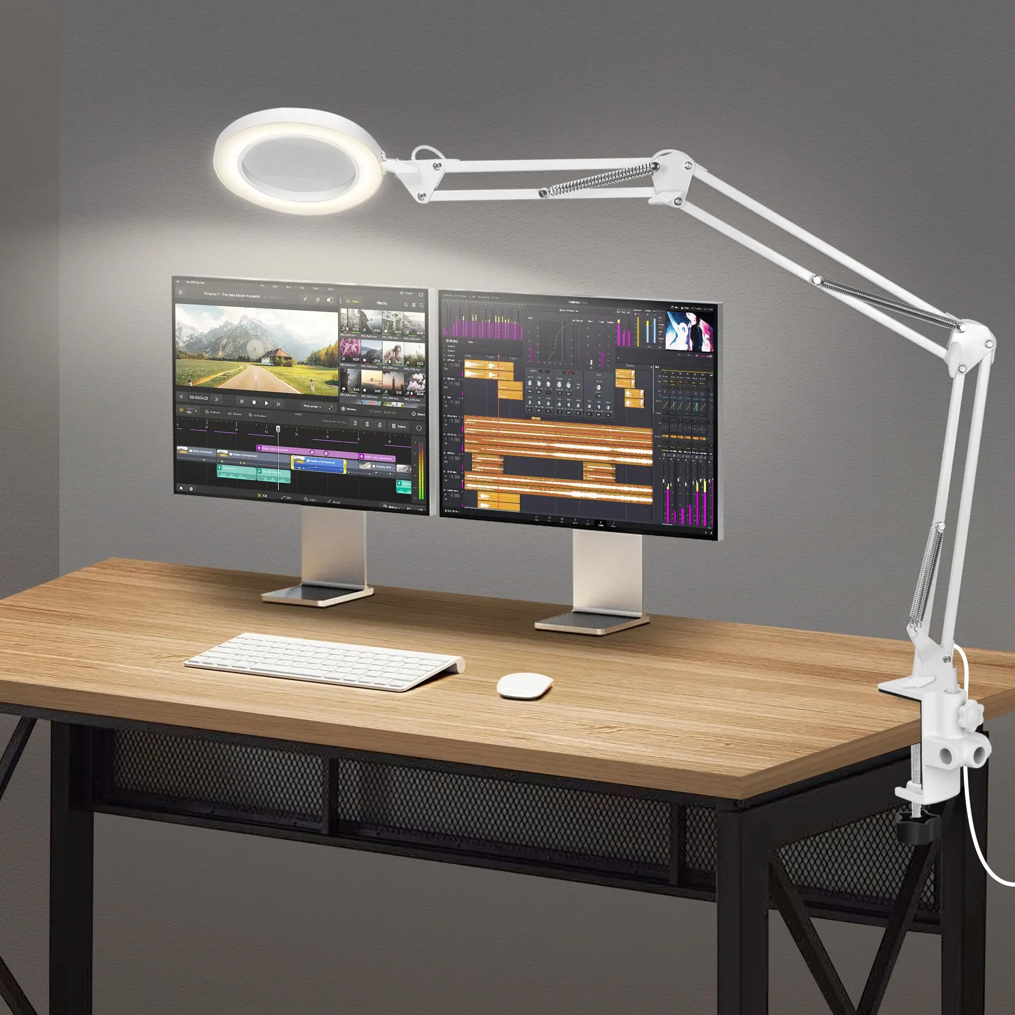5X Magnifier with USB 3 Color LED Light Long Adjustable Swinging Arm Magnifying Lamp for Reading Workbench Table Lights