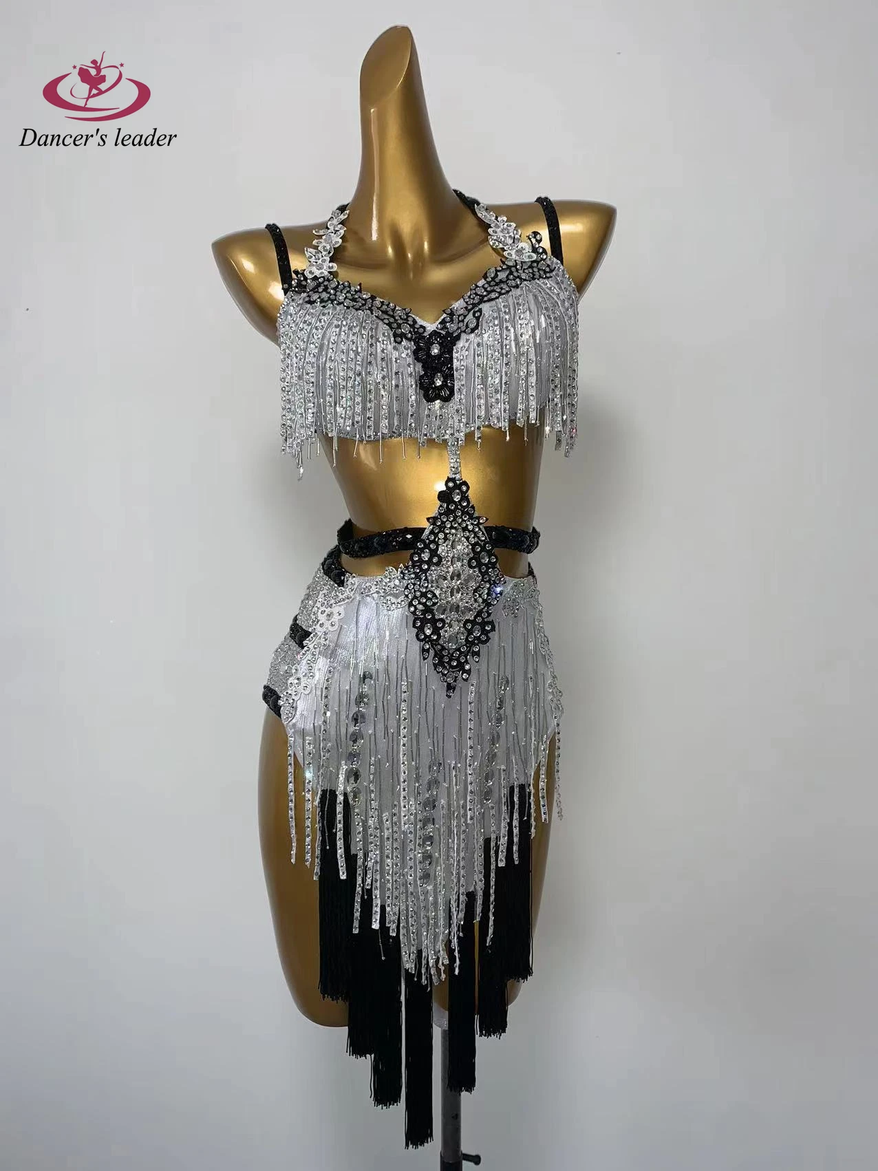 Latin Dance Dress High-end Custom Glossy Silver Chain Samba Rhinestone Women's Adult Stage Professional Clothing