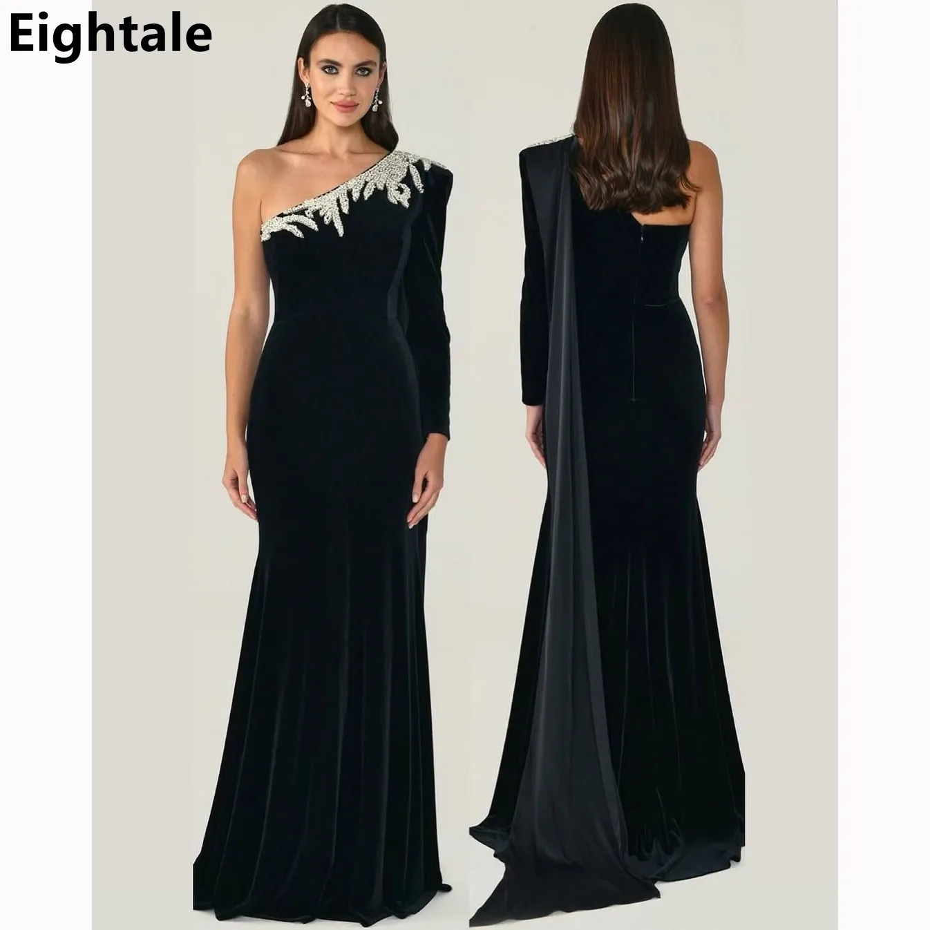 

Eightale Black Velour Mermaid Evening Dresses For Wedding Party One Shoulder Formal Prom Dress Dubai Party Gown Customized