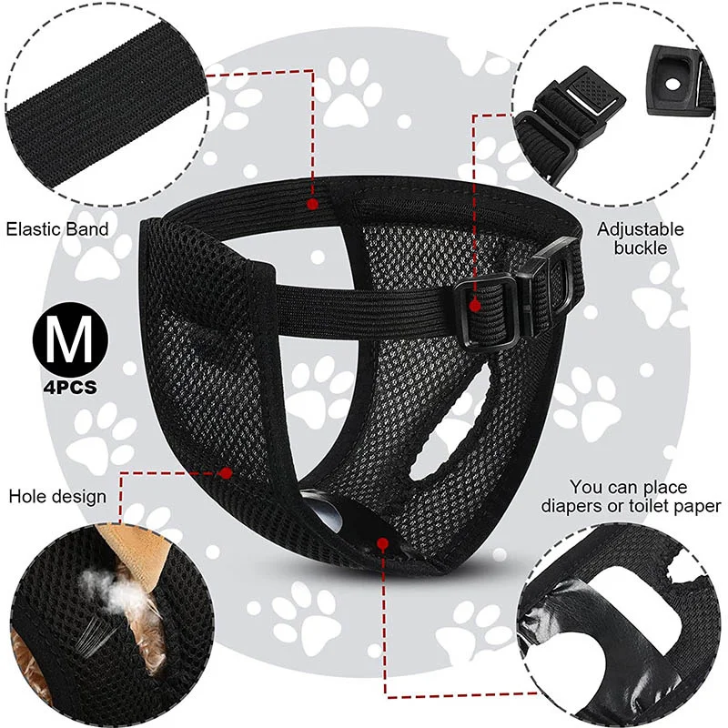 Female Dog Panties with 8 Cotton Pads Reusable Diapers Pet Breathable Mesh Flexible Adjusting Buckle Washable Sanitary Wraps