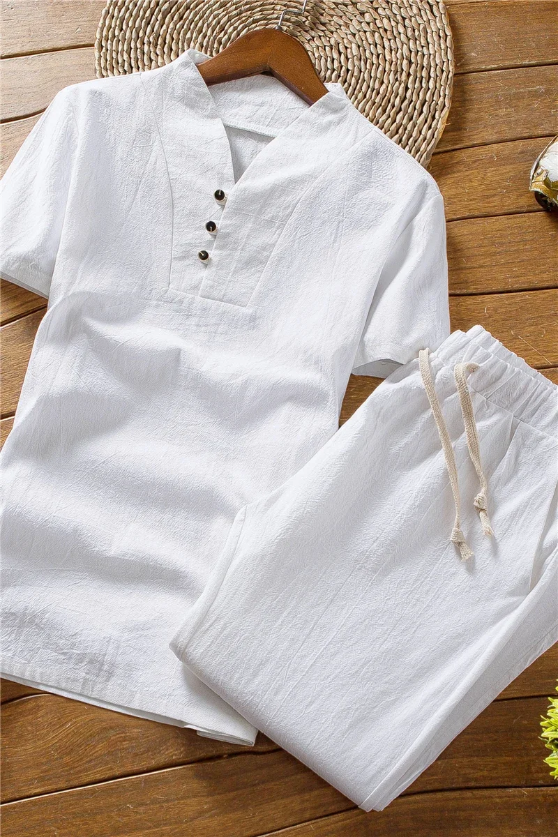 2023 Summer Mens Cotton and Linen Short Sleeve T-Shirt+Ankle Length Pant Set Solid Color Tracksuit Home Suits Male Size M-5Xl