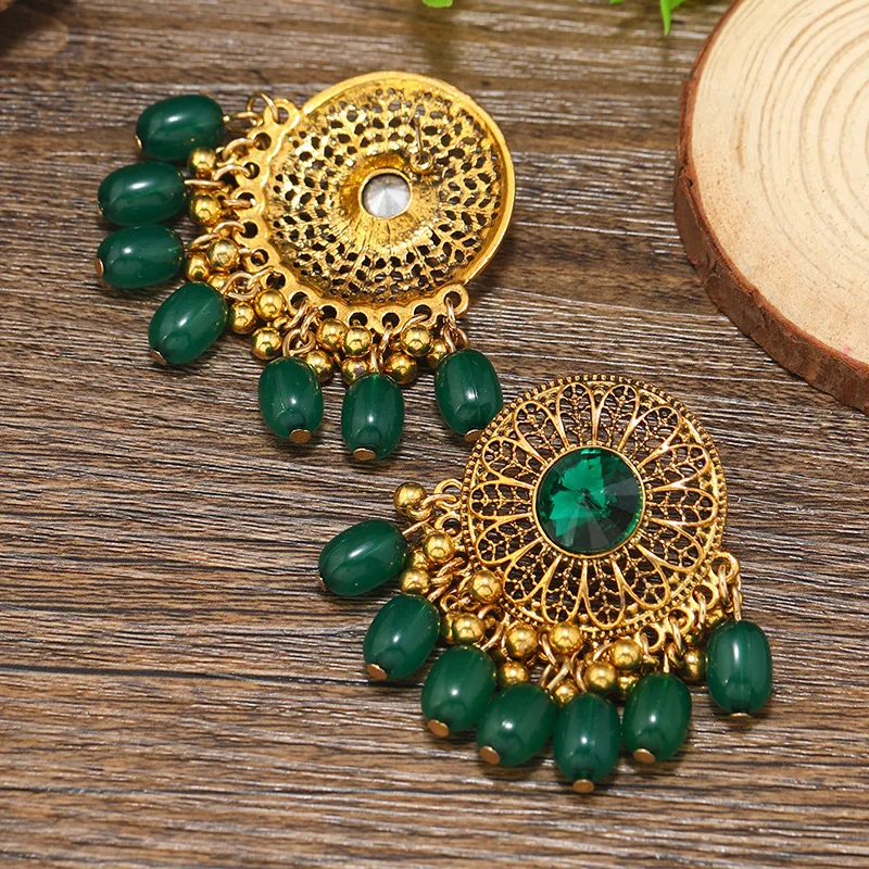 Bohemian Retro Ethnic Earrings with Feminine Elegance Crystal Green Beads Bell Tassel Earings for Women Indian Jewelry Aretes