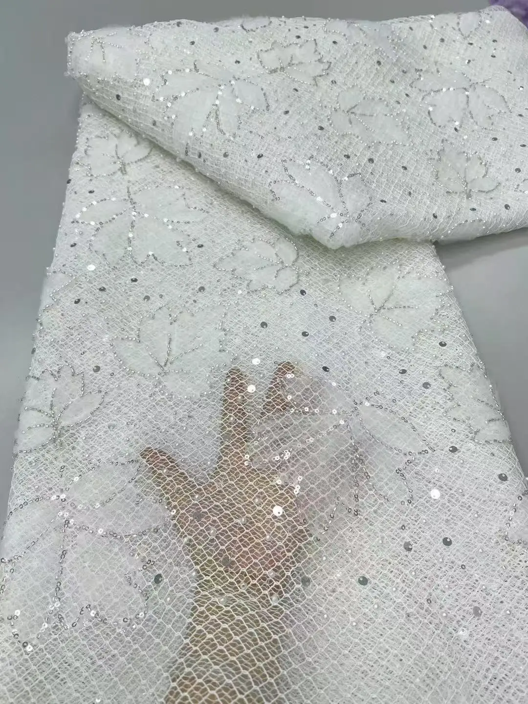 

French Mesh Tulle Lace Fabric Embroidered Sequins African Lace Fabric White 2025 High Quality Nigerian Wedding Dress for Women