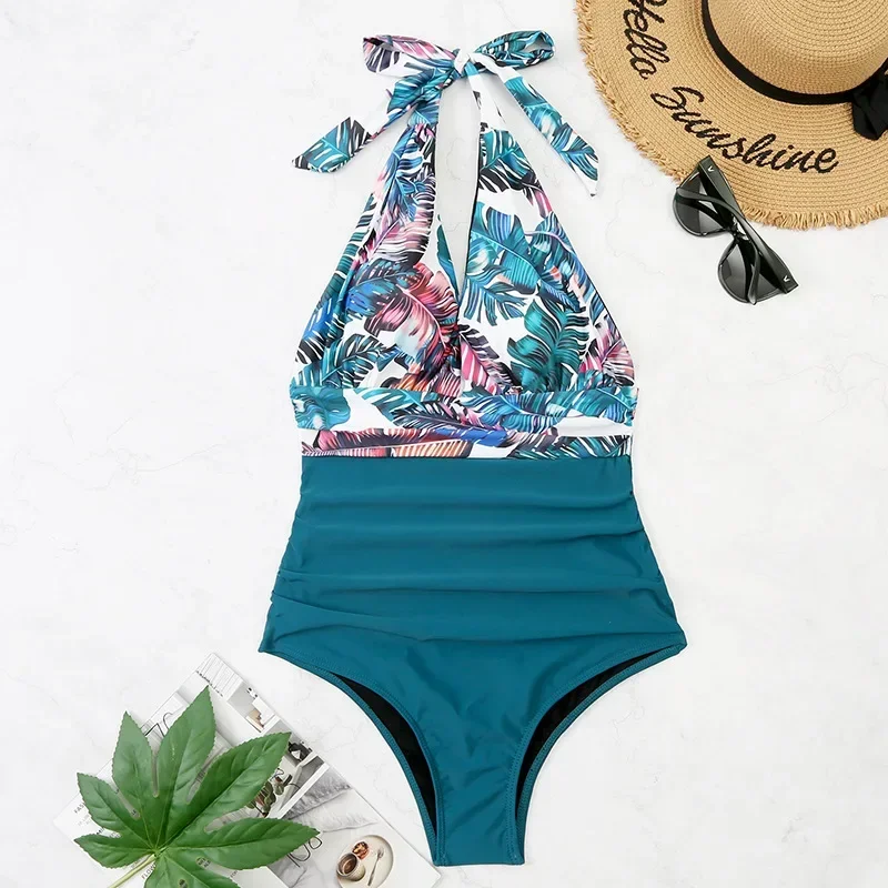 Fashion Printed One Piece Swimsuit Women Bathing Suit Sexy Bikinis Swimming Suits Ladies Beachwear Backless Lace Up Swimwear