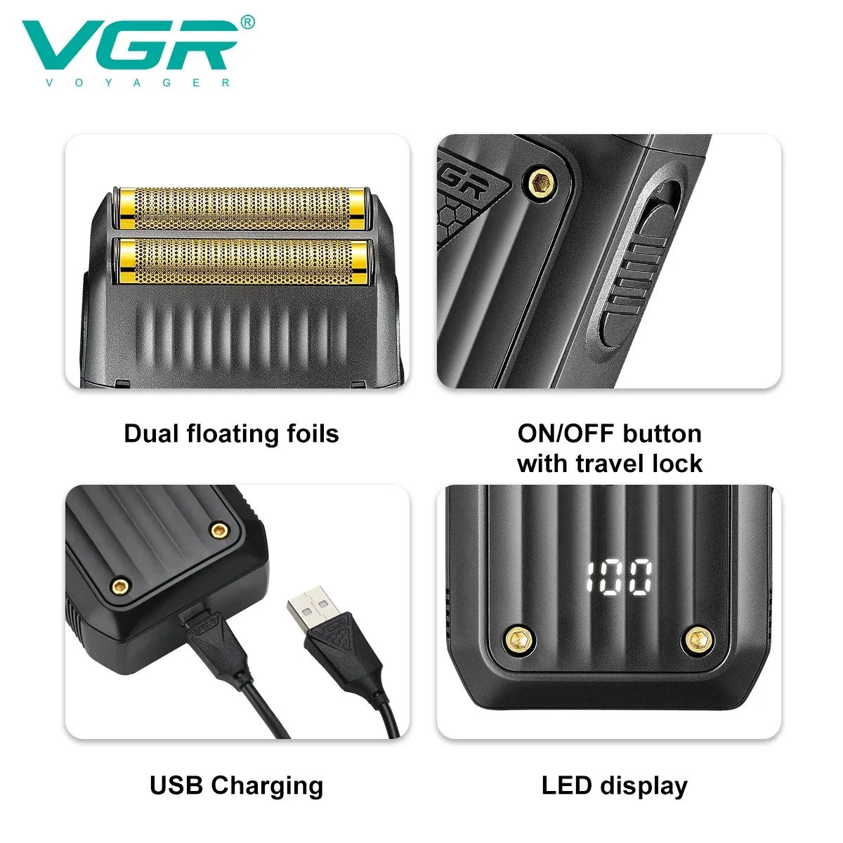 VGR Electric Shaver Professional Beard Trimmer Cordless Shaving Machine Portable Foil Razor LED Shaver for Men V-363 V-353 V-332