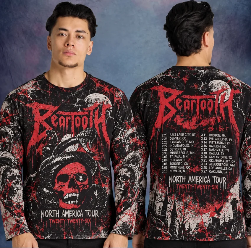 Unisex Gothic Skull Snake Long Sleeve Tee, Distressed Crack Blood Art Print Front Back Casual Metal Style Top Rock Metal Style