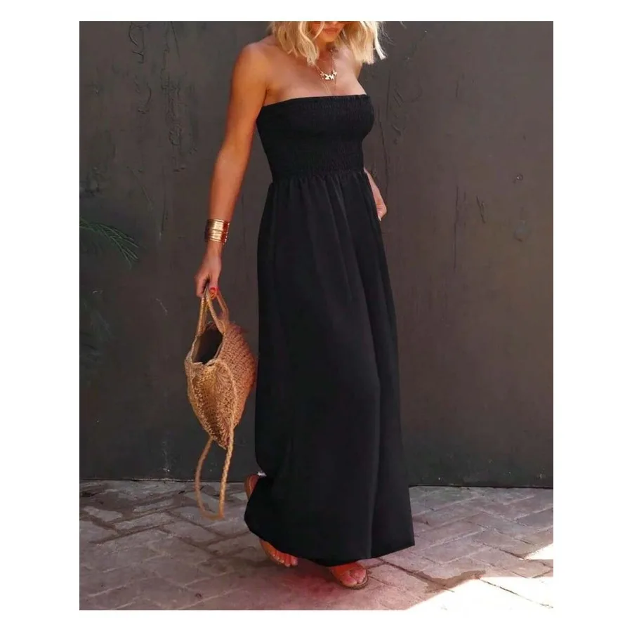 

【New style】Women's Sleeveless Strapless Wide Leg Chiffon Jumpsuit With Smocked Waist And Pockets For Summer