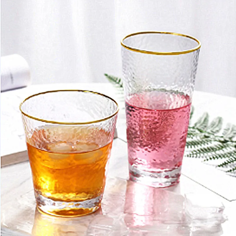 

2 шт., прозрачная стеклянная чашка с молотком и золотыми краями, бокал для вина, чашки для завтрака, молочного сока, напитка, креативная стеклянная чашка Mojito