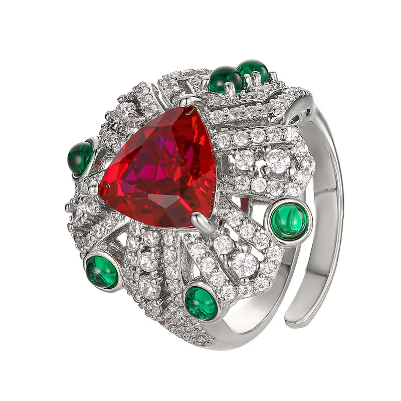 Adjustable Ring with Triangular Cut Red Green Gemstones Vintage Inspired Design Sparkling CZ Accents Women's Statement Jewelry