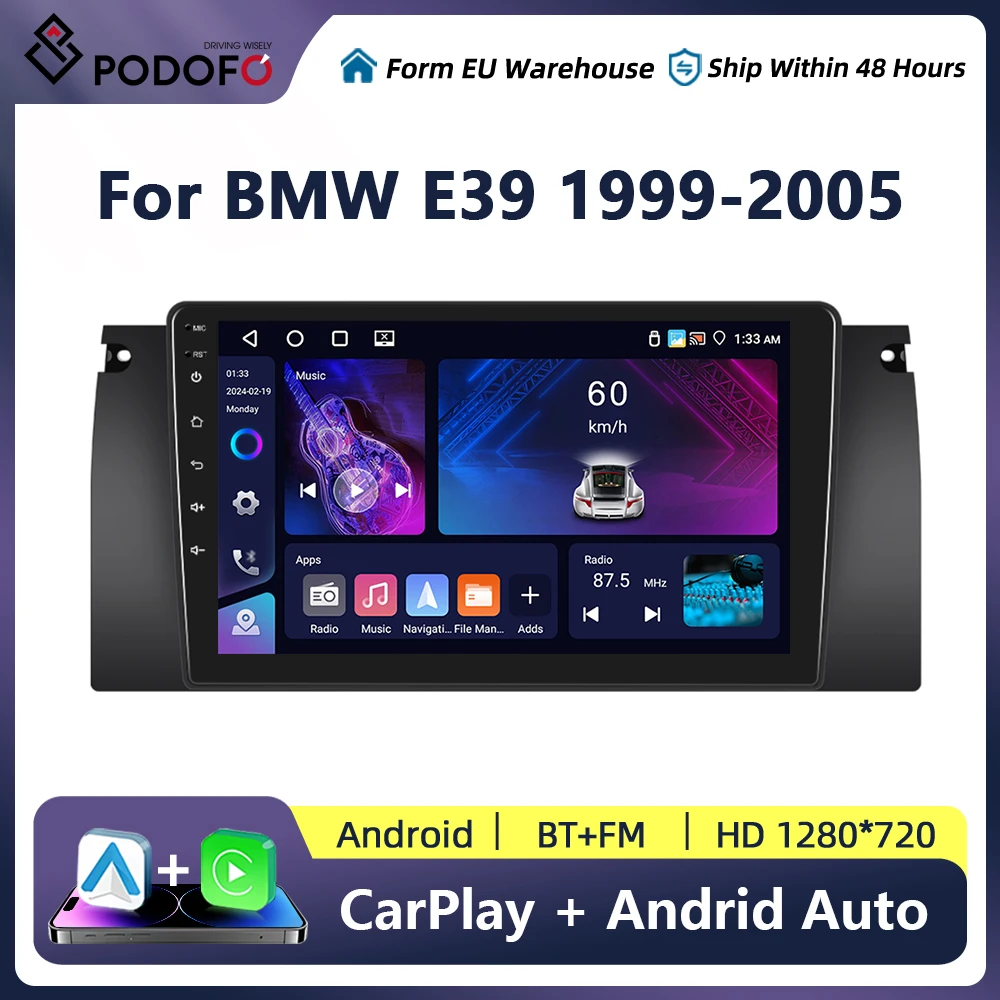 Podofo Carplay 2din Android Car Radio Multimedia Video Player Navigation GPS For BMW M5 E39 E53 X5 1999-2006 WIFI Head Unit