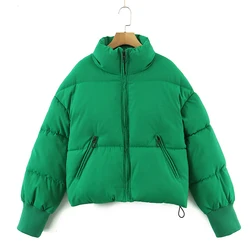 10 Color Women's Winter Stand Collar Zip Puffer Jacket Baggy Short Padded Down Coats Cropped Puffer Long Sleeve Zip Coats