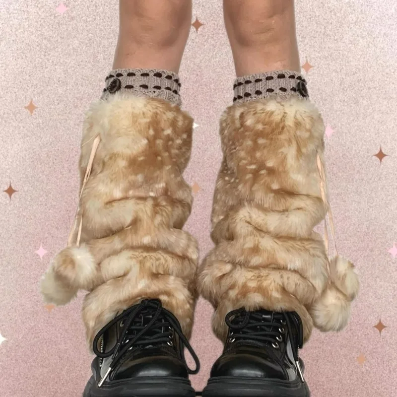 

Японские зимние плюшевые гетры из искусственного меха с оленями, кавайные меховые сапоги, носки, ботинки Y2K, носки, костюм для выступлений, гетры