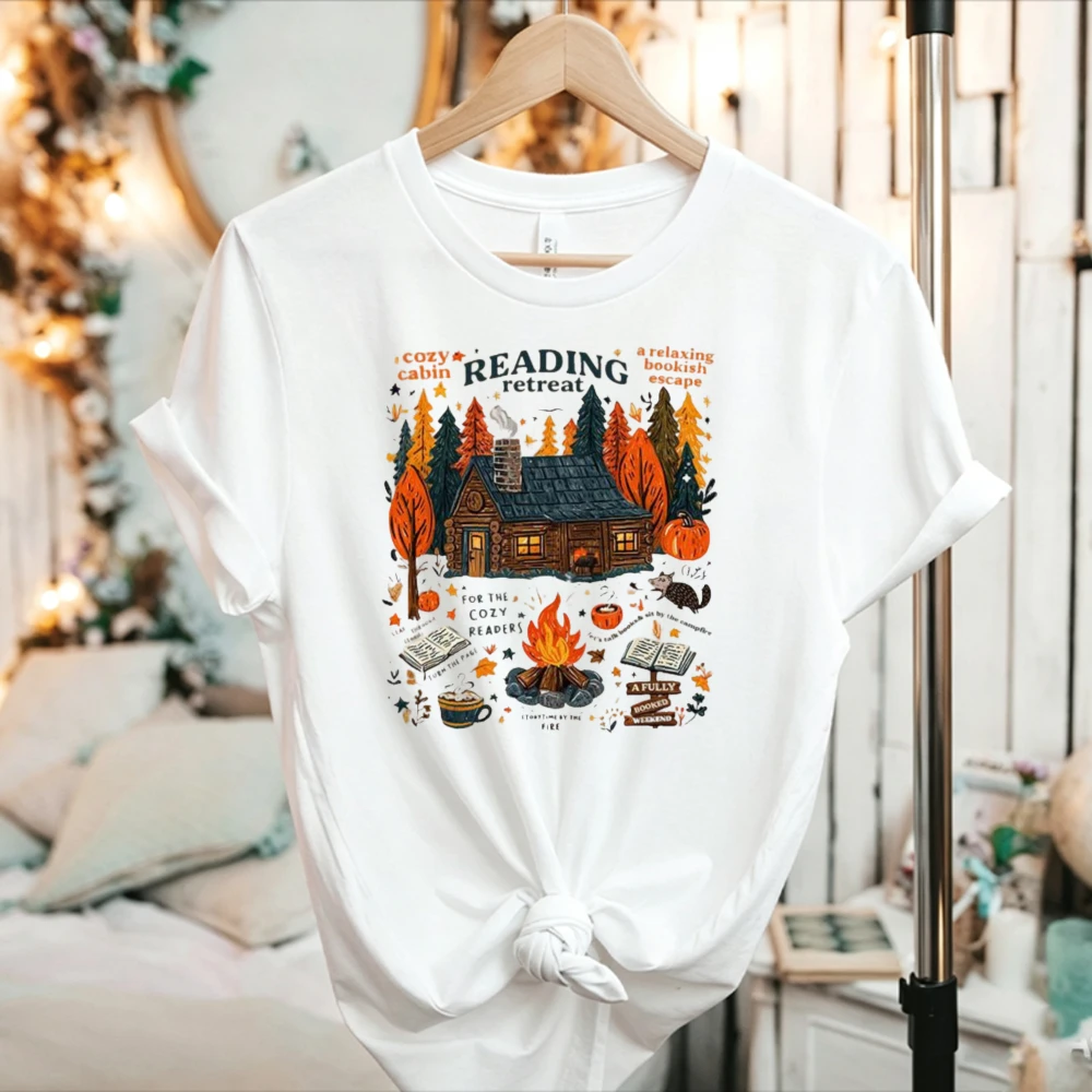 Cozy Autumn Book Lover Graphic Tee Crew Neck Relaxed Fit Fall Reading Retreat Shirt Cozy Cabin Campfire Pumpkin Cat Trees Gifts