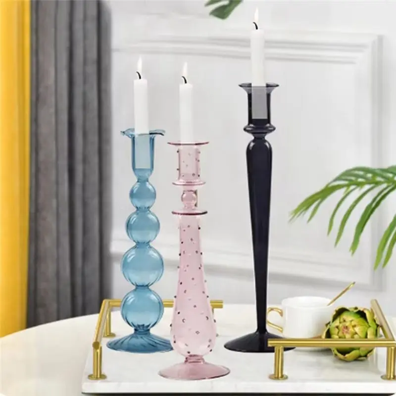 A20F-Romantic Glass Candle Holder Vintage Glass Candlestick Hydroponic Transparent Vase European Style Gift
