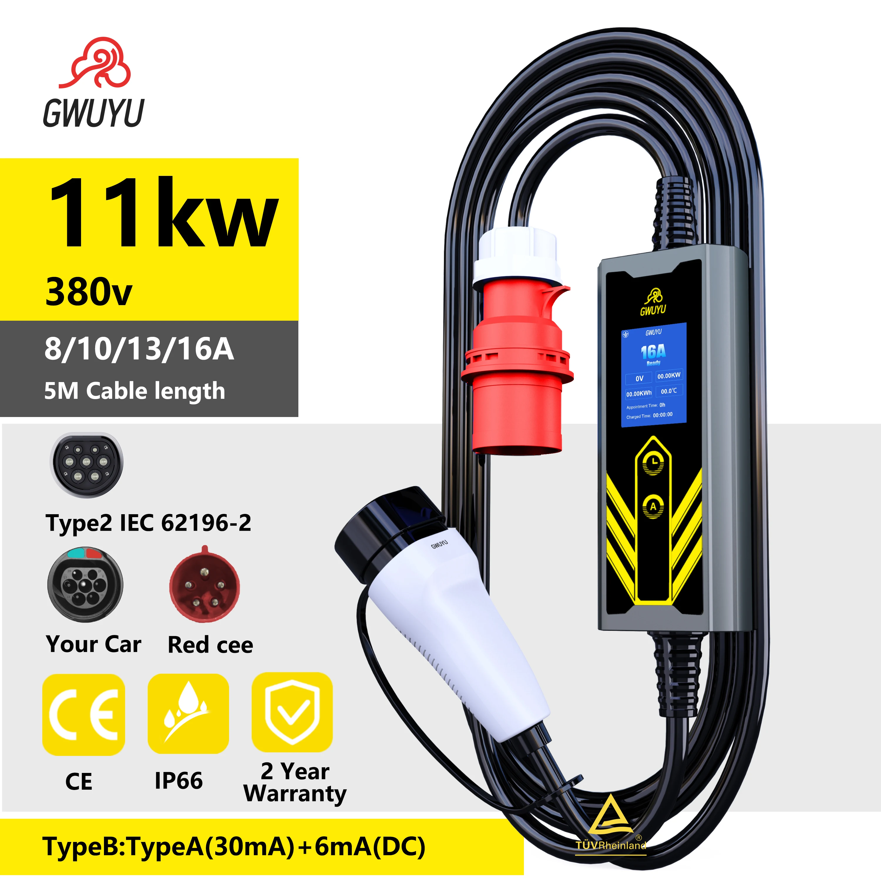 Портативное зарядное устройство для электромобилей 32A 7KW 16A 11KW 220V/380V Type2 IEC 92196-2 Socket 5M Кабель Wallbox Зарядная станция для электромобилей