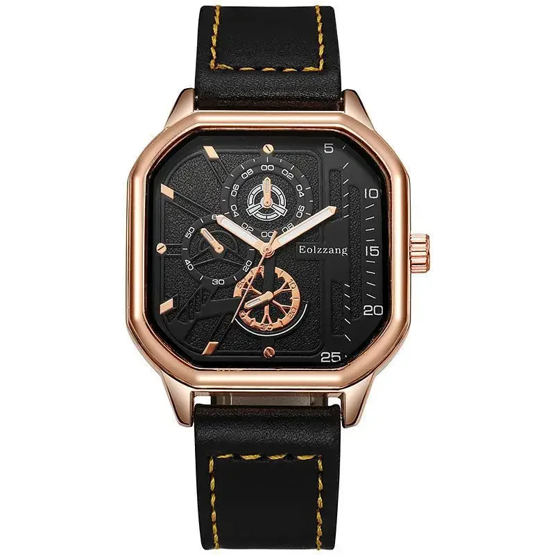 YIKAZE Men\'s Quartz Watches Alloy Dial Business Men Watch PU Leather Strap Square Sports Watch Cool Black Wristwatch for man