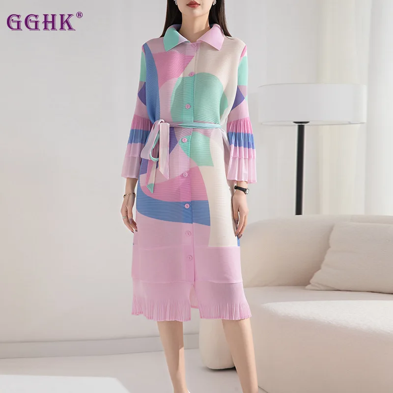 

GGHK Miyake Pleated Print Dress 2023 Spring Festival New Lapel Single-breasted Cardigan Big Size Waist Tie Mid-length Skirt