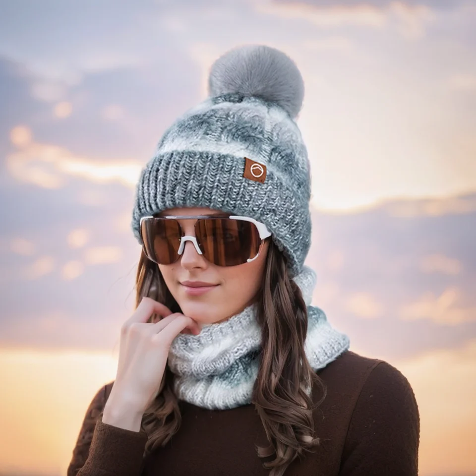 LOOGDEEL 1 مجموعة/2 قطعة قبعة الشتاء الدافئة مع المخملية السميكة والتدرج اللون غزل محبوك قبعة يندبروف البلوز قبعة المرأة #5