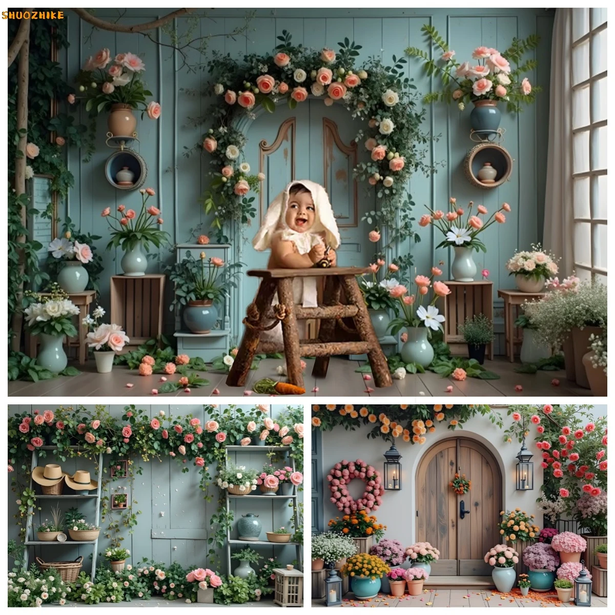 

Vintage Spring Flowers Shop Showcase Windows Photography Backdrop Kids Birthday Portrait Decor Photo Background Photobooth Props