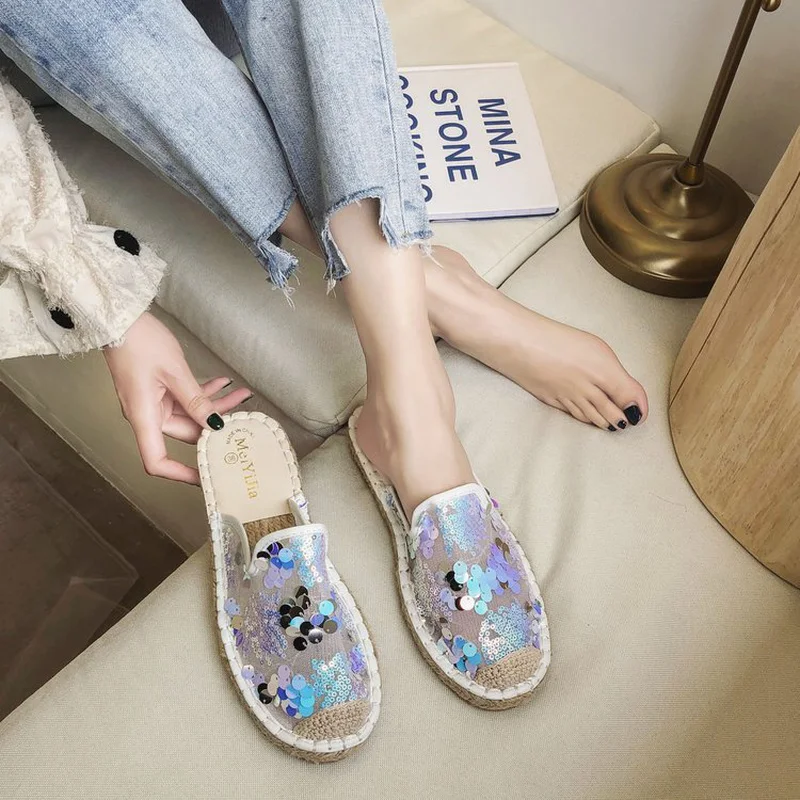 Women Mules Sandal Fashion Bling Mesh Slippers Women Comfort Low-heel Slides Slip on Casual Summer Slippers Slides Women