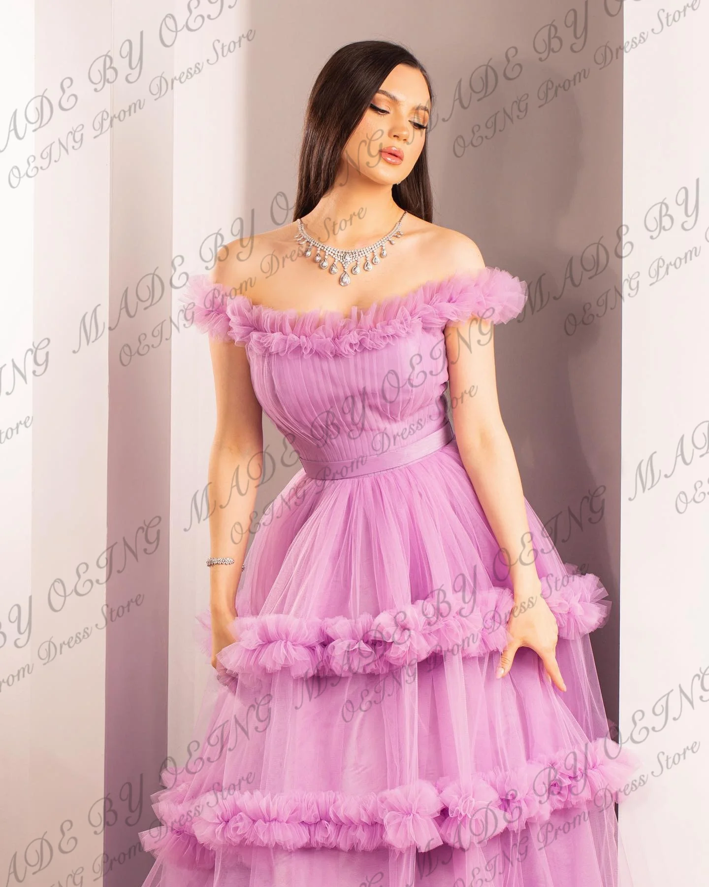 OEING Princess Prom Dresses Fairy Tulle Tiered Ruffles Off The Shoulder Evening Dress Special Occasion Gown Vestidos De Novia