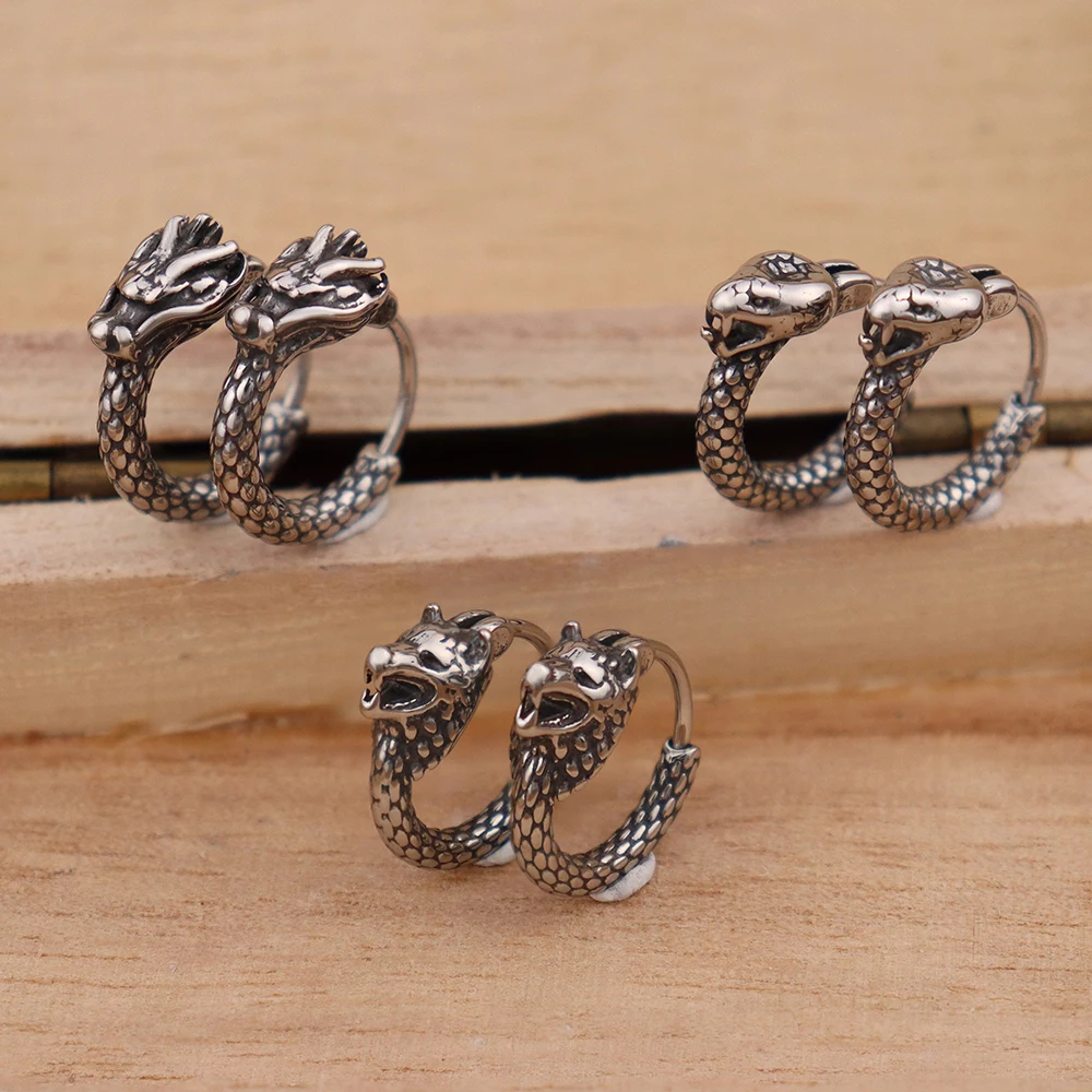 Vintage Viking Wolf Head Huggie Stainless Steel Fashion Charm Men Hoop Earrings Punk Rock Lucky Almut Male Ear Jewelry Wholesale image 5