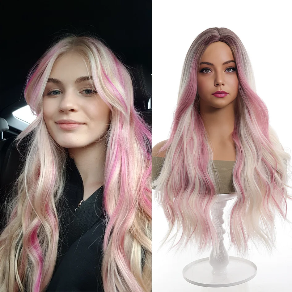 Pelucas de fiesta de cosplay de halloween para mujer, diadema rizada de parte media con reflejos, Wig20-inch Rosa sintético