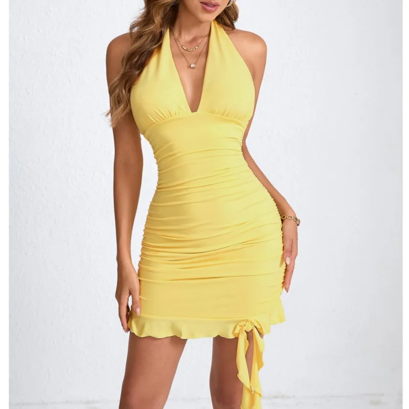 レディースセクシーホルターネックプリーツバッグヒップラッフルワンピースディープVネックノースリーブバックレスルーシュドアシンメトリーミニドレスボディコン