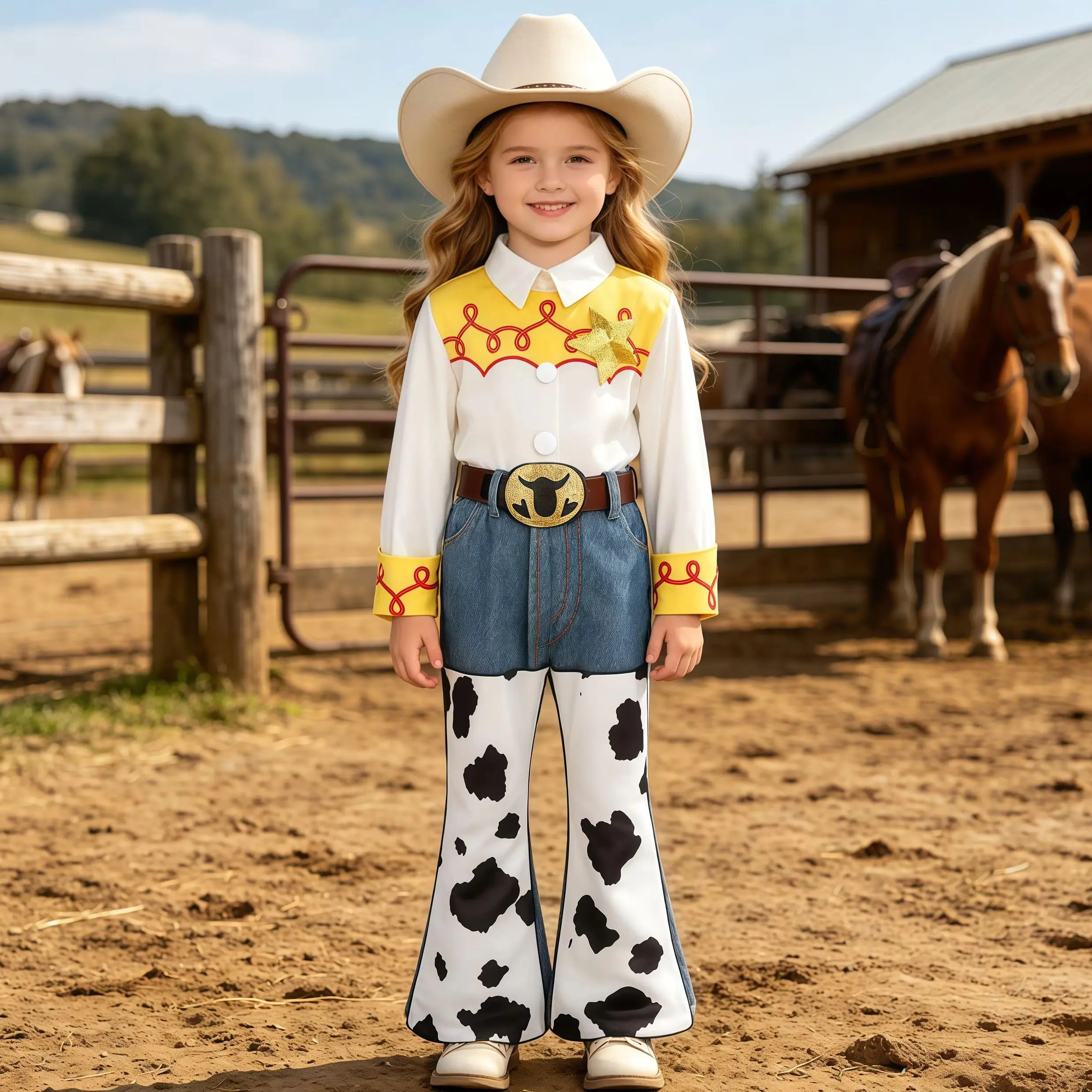 2026 Girls Cosplay Toy Jessie Costume Western Cowgirl Tops With Flared Pants For Halloween Party Kids Cowboy Fantasia Outfits