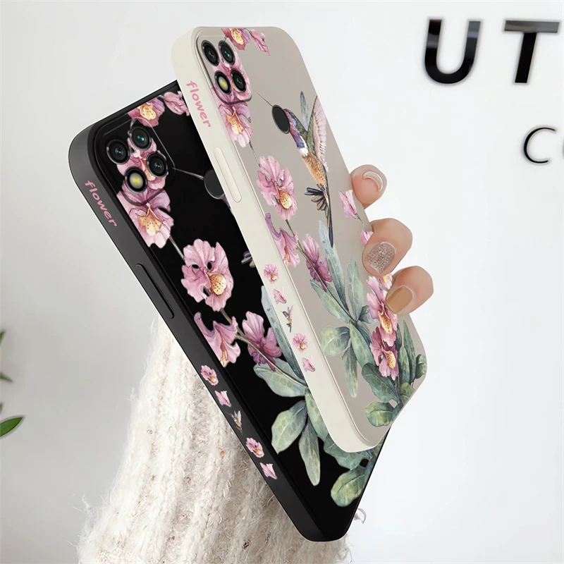 Bird Flower Pattern Case For Xiaomi Redmi 10 9i 9T 9 Power 10X 10A 13C 4G 12 9C 9A 9 8 12C 10C Liquid Soft Silicone Back Cover