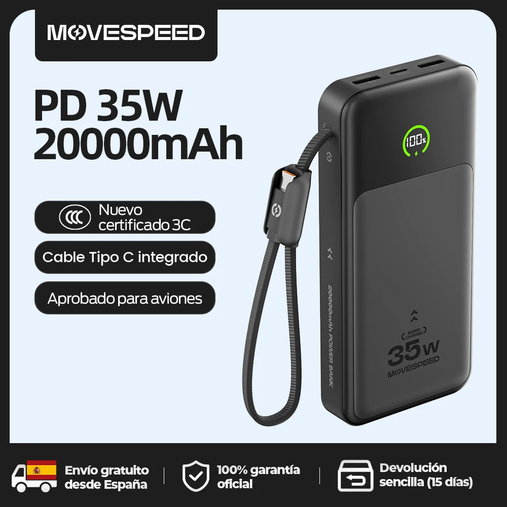 【CCC】MOVESPEED P20 Power Bank 20000mAh Cargador externo 35W PD Carga rápida Powerbank Batería LFP para iPhone Xiaomi Samsung