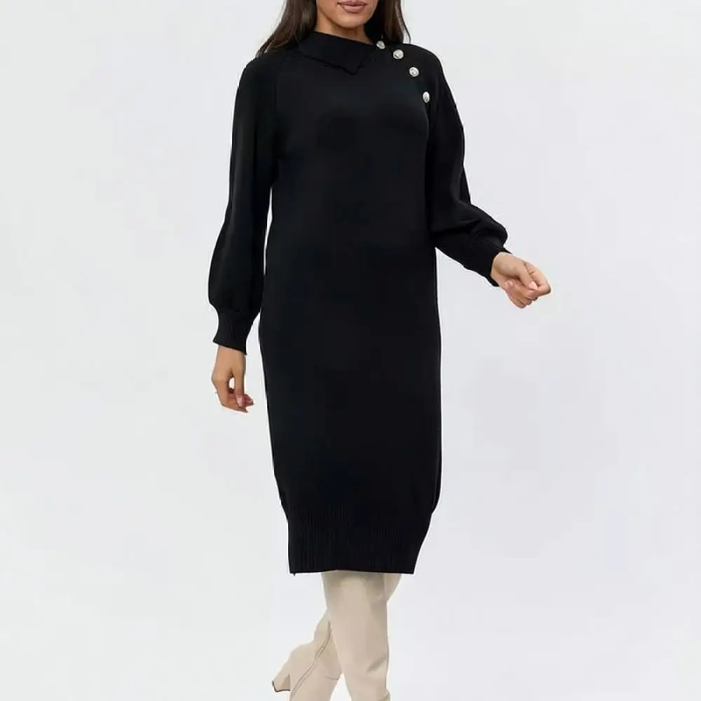 Women Fashion Knitted Midi Dress Lapel Long Sleeve Button Trim Autumn Winter Pullover Sweater Dresses Casual Style Wear