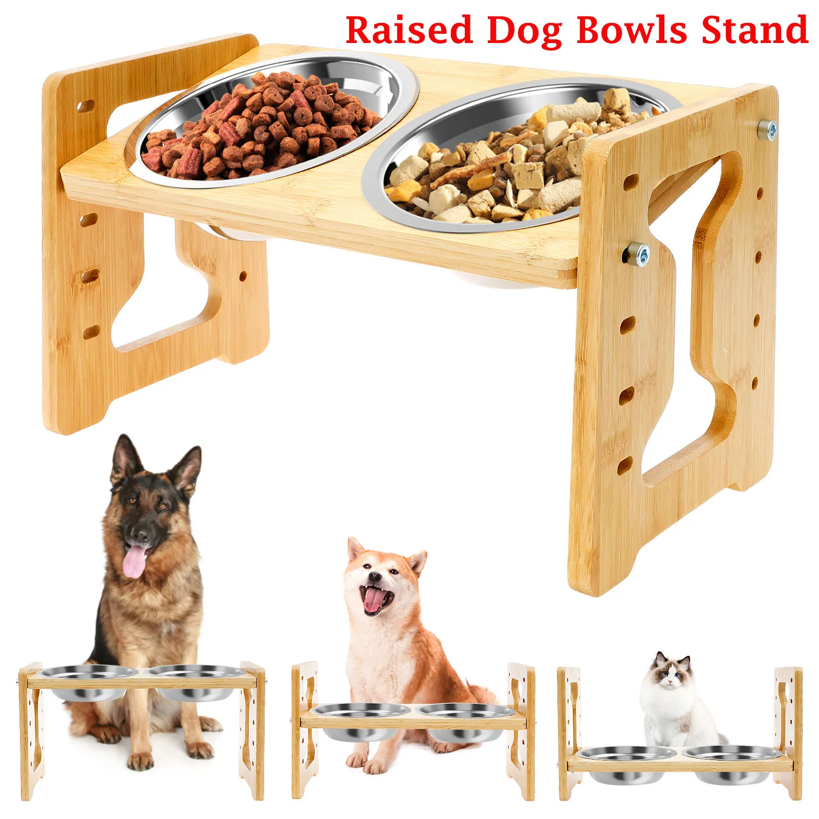 Cuencos elevados para perros, soporte ajustable inclinado de madera para comedero para perros con cuencos de comida de acero inoxidable para accesorios para mascotas para gatos y perros