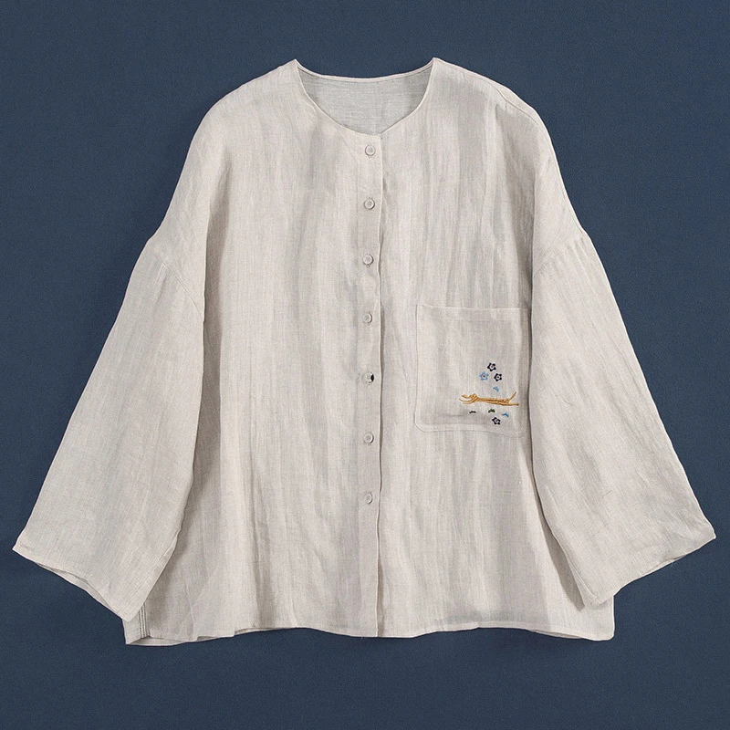 100% الكتان المرأة طويلة الأكمام قميص غير رسمي جديد 2024 الخريف خمر نمط س الرقبة عادي اللون فضفاض الإناث بلايز قمصان M1816