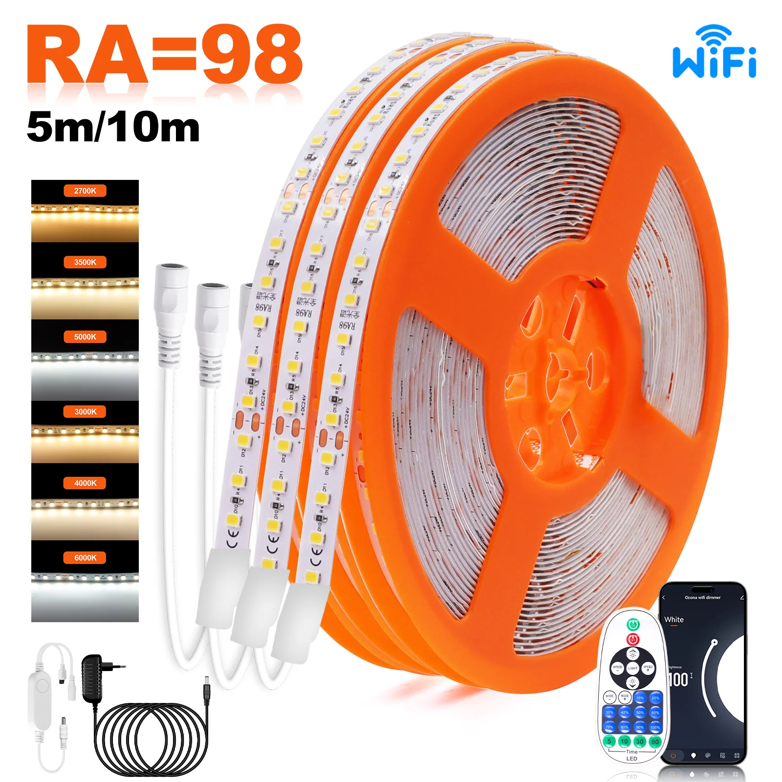 

Светодиодная лента Full Spectrum CRI RA98 12В/24В с Wi-Fi диммированием, 5м/10м, 2700K-6000K, 120 светодиодов/м, 2835 LED