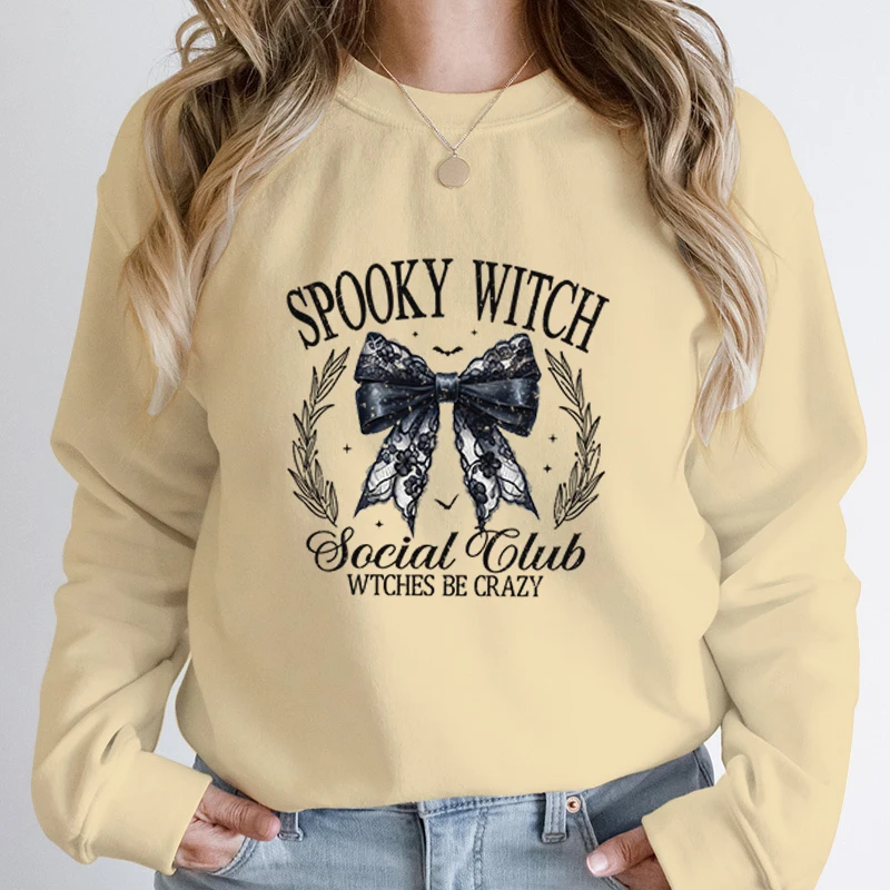 Halloween Bow Spooky Wicth Social Club Style Round Neck Pullovers Swetshirts Women Printed Casual Long Sleeve Hoodless Pullovers