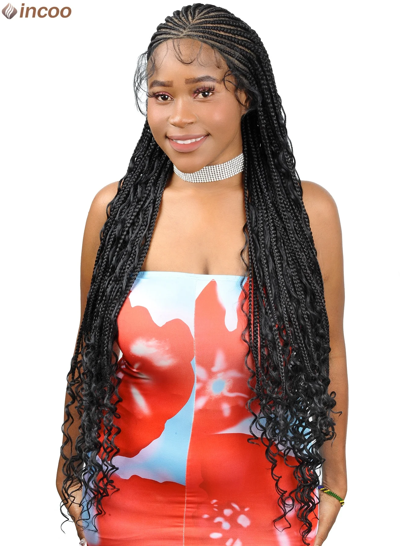 36'' Boho Braided Wigs With Baby Hair Synthetic Full Lace Knotless Box Braids Wig With Curly Hair Ends Braided Lace Frontal Wig