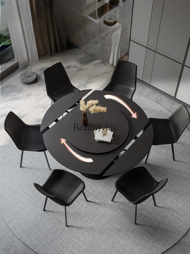 

Pure Black Stone Plate Dining Table Square and round Dual-Use Rotatable Retractable round Table